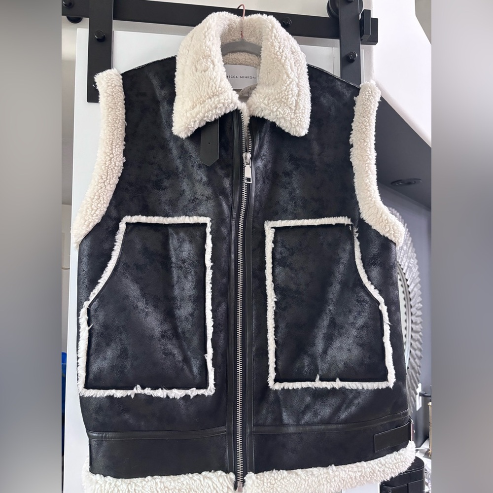 Rebecca Minkoff Black Faux Shearling-Trim Zip Vest